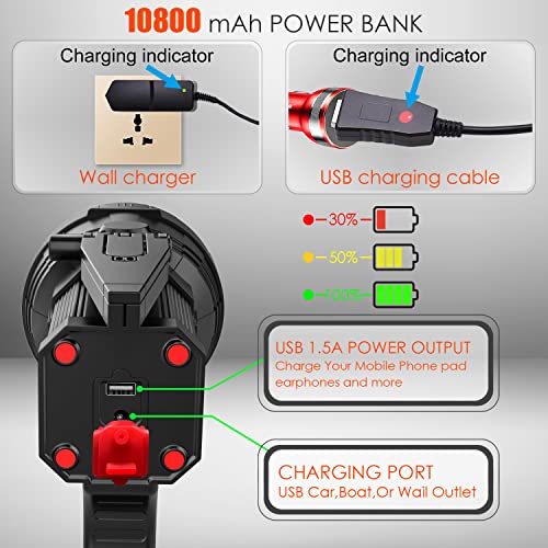 BIGSUN Rechargeable Spotlight, High Lumens 1000,000 LED Flashlight with Multi-Purpose Floodlamp, Built-in 10800mAh Battery Pack, Outdoor Handheld spot Light, for Farm, Hunting,Camping, Car, Boat - Image 6