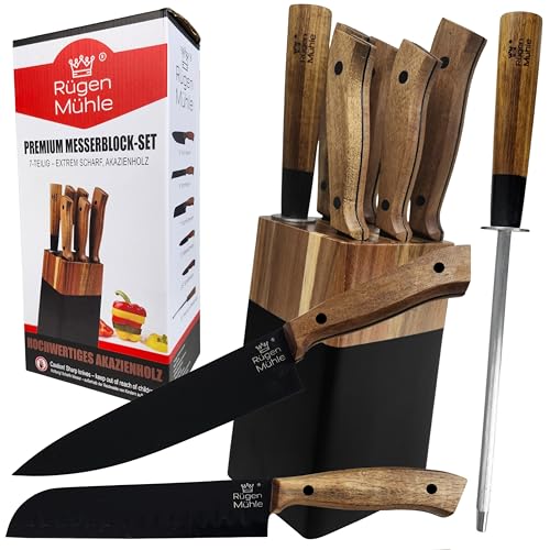 RÜGEN MÜHLE - DER ORIGINAL Premium Design Messerblock, 7-teilig, Akazien Echtholz, Edelstahl,...