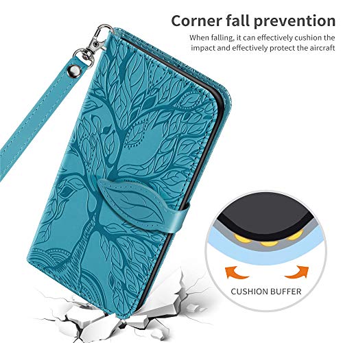 COTDINFOR Compatible with Samsung Galaxy A02S Wallet Case, Galaxy A02S Case Leather with Card Holder Magnetic Kickstand Wrist Strap Flip Shockproof Case for Samsung Galaxy A02S Life Tree Blue