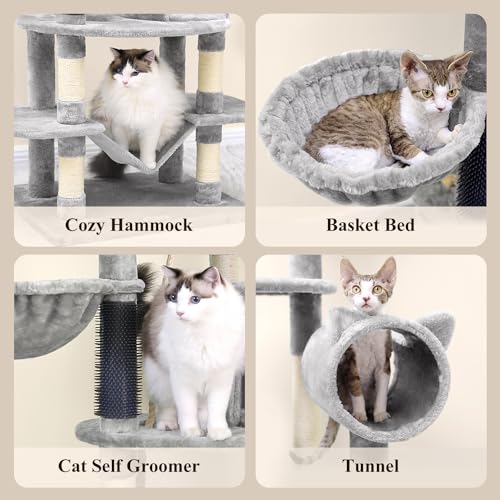 C81 Artistic Curved Cat Tower for Small Cats(Under 12 lbs), 81-inch Slim Design Cat Tree with Space-Saving Design, Indoor Cat Condo with Hammock & Tunnel, Light Gray, Non-Large Cats - Image 5