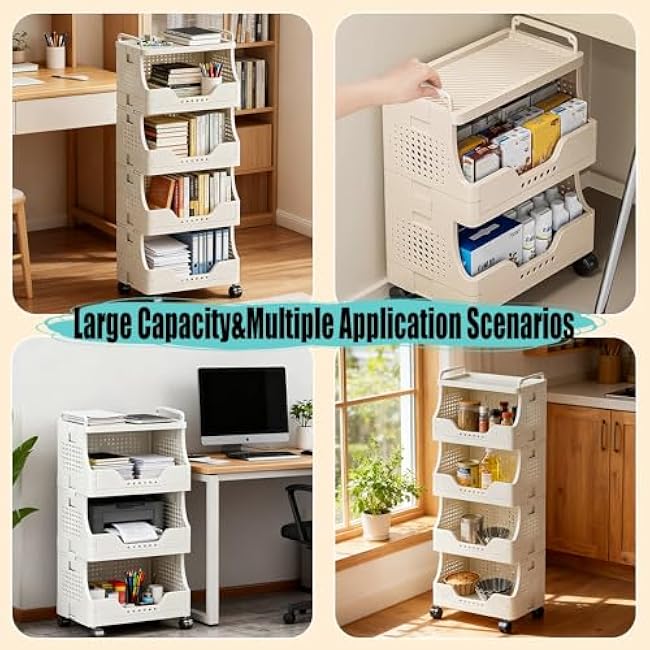 2/3/4/5 Tier Rolling Cart Organizer, Snack Storage Cart, Mobile Storage Shelf with Lockable Caster Wheels, Multifunction Kitchen Storage Organizer, for Livingroom, Office & Narrow Places (4-Tier)-UobOwTtg