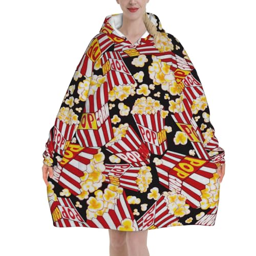 Manta de franela con estampado de palomitas de maíz, acogedora, sudadera con capucha para adultos, con bolsillo canguro para clima frío