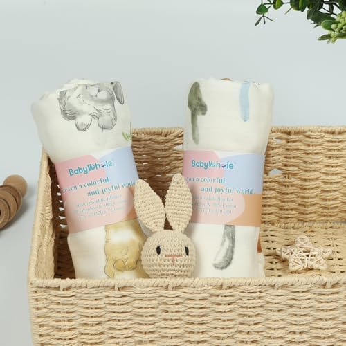 Image of BabyWhale Muslin Swaddle Blankets Neutral, Baby Swaddling Wrap Nursery Blanket for Boys & Girls Neutral, Soft 70% Viscose from Bamboo and 30% Cotton, Large 47 x 47 inches, Mushroom & Rabbit Pattern