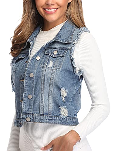 MISS MOLY Women's Ripped Denim Vest Cropped Distressed Classic Sleeveless Jean Vest Jackets With Flap Pockets