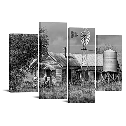 Nachic Wall 4 Piece Black and White Canvas Art Texas Farmhouse Picture Painting Countryside Barn Windmill Landscape Poster Artwork for Home Living Room Kitchen Wall Decoration Framed Ready to Hang