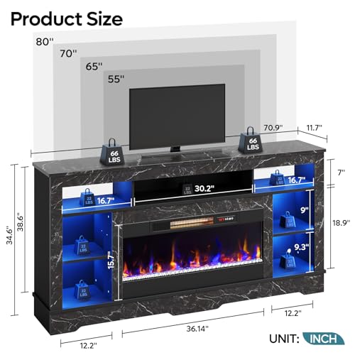 Bestier Tall TV Stand with 36\" Fireplace, 71 Inch High LED Entertainment Center with Storage Cabinet for TVs Up to 80\", TV Console with Electric Fireplace for Living Room & Bedroom, Black Marble