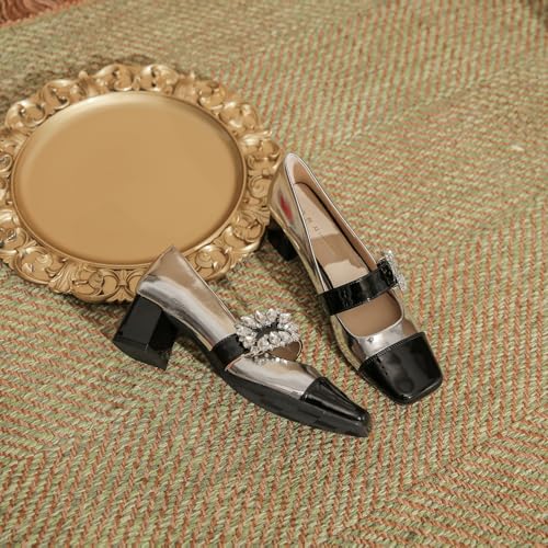 Women's Leather Rhinestone Square Toe Mid Block Heel Mary Jane Shoes Adjustable Ankle Buckle Comfort Low Chunky Heel Dress Pumps for Office Work Wedding Party4