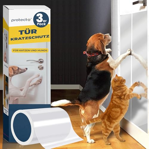 PROTECTO 3-Pack Tier - Kratzschutz mit Cuttermesser – 150 x 20 cm Kratzfolie Katzen Selbstklebend - Schutzfolie Tür – Schutz für Türen + Möbel vor Hunden & Katzen – Anti Kratz Folie – Katzenschutz