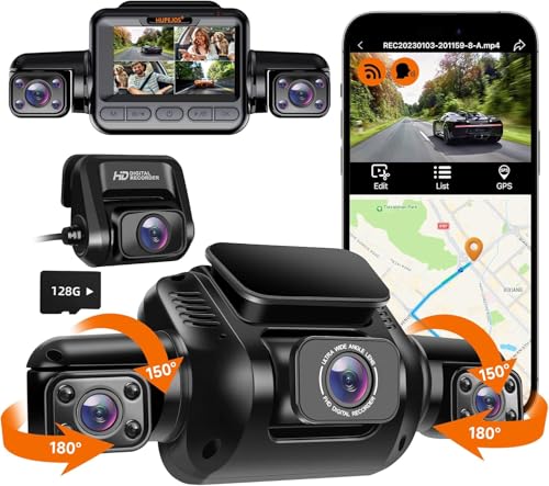 HUPEJOS 4K Dash Cam, 360° Dash Camera 4 Channel, Dashcam Front and Rear Inside, Dash Camera for Car Built in 5G WiFi GPS, Voice Control, Night Vision, WDR, with 128GB Card, 24/7 Recording Parking Mode