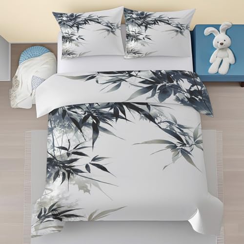 Housse de Couette 240 x 260 Feuilles de Bambou, Plantes Gris Blanc Microfibre Parure de Lit Adulte avec Fermeture Éclair, Zen Japonais Sets de Housses de...