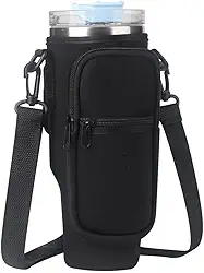 Bolsa Porta Garrafa, Squeeze, Copo Térmico Com Alça Ajustável Shoulder Bag com bolso para celular, de neoprene, com alça ajustável, tampa para canudo e mosquetão (Preto)