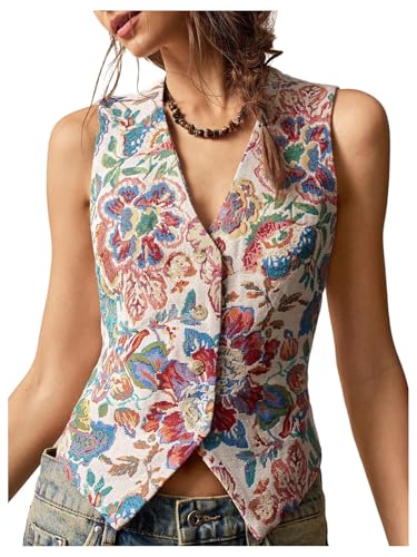 MakeMeChic Women's Plus Size Western Outfit Floral Vest Tops Sleeveless V Neck Button Front Jacket Outerwear