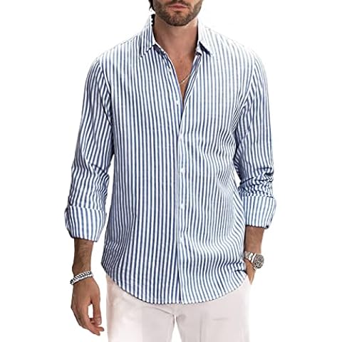 Eleganicty Mens Casual Long Sleeve Shirts Striped Button Down V Neck Regular-Fit Shirt Tops (Blue Striped, XX-Large) Cover