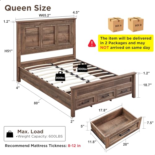Farmhouse Queen Size Bed Frame with 52" Tall Full-Panel Headboard, Wood Platform Bedframe with Footboard and Storage Drawers, No Squeak, No Box Spring Needed, Light Brown - Image 3