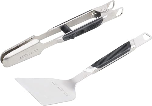 Everdure by Heston Blumenthal Premium Pack de 2 herramientas para barbacoa pinzas de acero inoxidable cepillado y espátula con asas de agarre suave