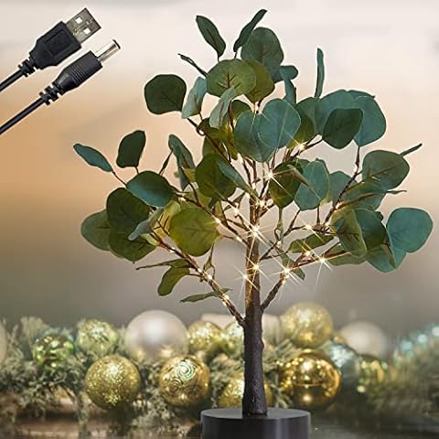 Fudios Lighted Eucalyptus Tree with Timer 18in 50L Fairy Lights USB Battery Operated, Artificial Bonsai Trees with Lights for Table Centerpiece Christmas Home Decor Indoor Cover