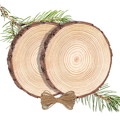 Huhemy Rodajas de Madera 2 Piezas Rodajas Madera 19-21cm Diámetro 15mm de Grosor,Tronco Madera Sin Perforar,Para Artesanía,Boda,Decoracion Navidad,Con Cordel y Clavos de Garra Cover
