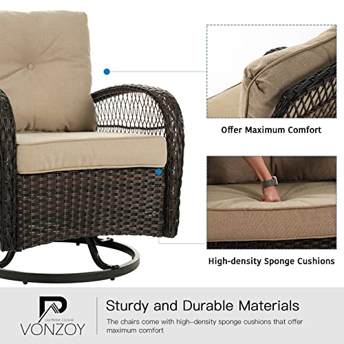 Vonzoy 3 Pieces Patio Furniture Set, Outdoor Swivel Glider Rocker, Wicker Patio Bistro Set With Rocking Chair, Thickened Cushions And Table For Porch (Khaki) #TOP4