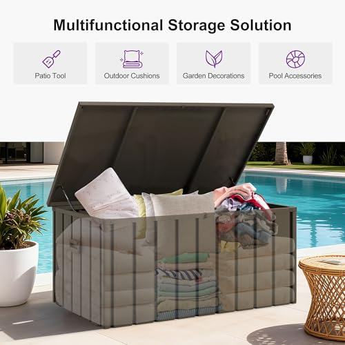 Image of PURPLE LEAF 7 Pieces Patio Dining Set with Storage Box Wicker Outdoor Furniture Rectangular Table and Chairs Set for Garden Deck Backyard Kitchen, Cushions and Pillows Included Taupe