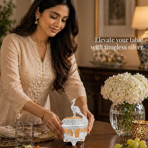 Image of DIVINITI Luxury German Silver Peacock Decorative Bowl with Spoon & Gift Box | Royal Decorative Serving Bowl for Dry Fruits, Mishri & Table Decor | Premium Wedding & Festive Gift (16 cm) (Peach)