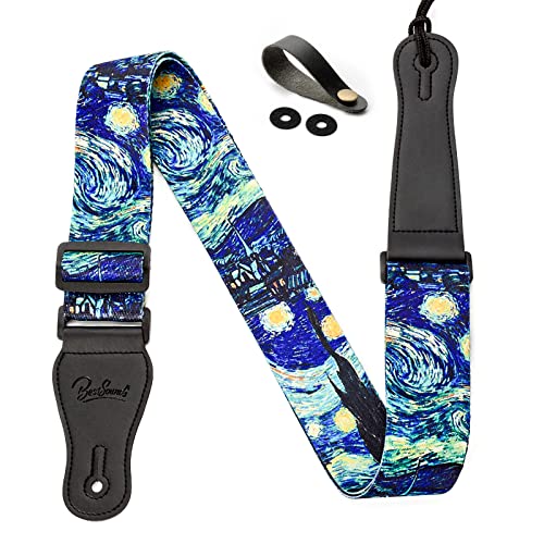 BestSounds Van Gogh "Starry Night" Guitar Strap Includes Strap Button & 2 Strap Locks, Adjustable Guitar Shoulder Strap For Bass, Electric & Acoustic Guitar, Best Gift for Men Women Guitarist