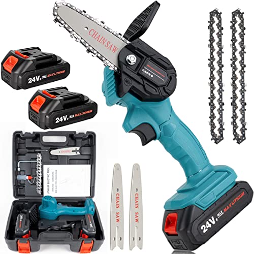 Mini Chainsaw, 4-Inch Guide Plate, 24V High Power Chainsaw, with 2 Batteries and 2 Chains, Household Lightweight Cordless Portable Chainsaw, Used for Cutting Branches and Wood, Patio, Lawn & Garden