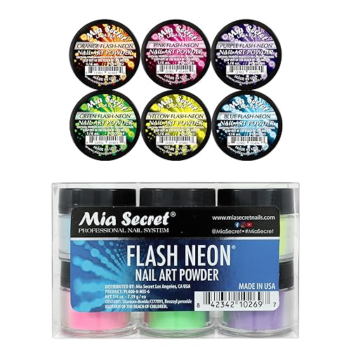 6 Mia Secret Flash Neon Acrylic Nail Art Powder Glows Under the Black Light 6 Neon Colors
