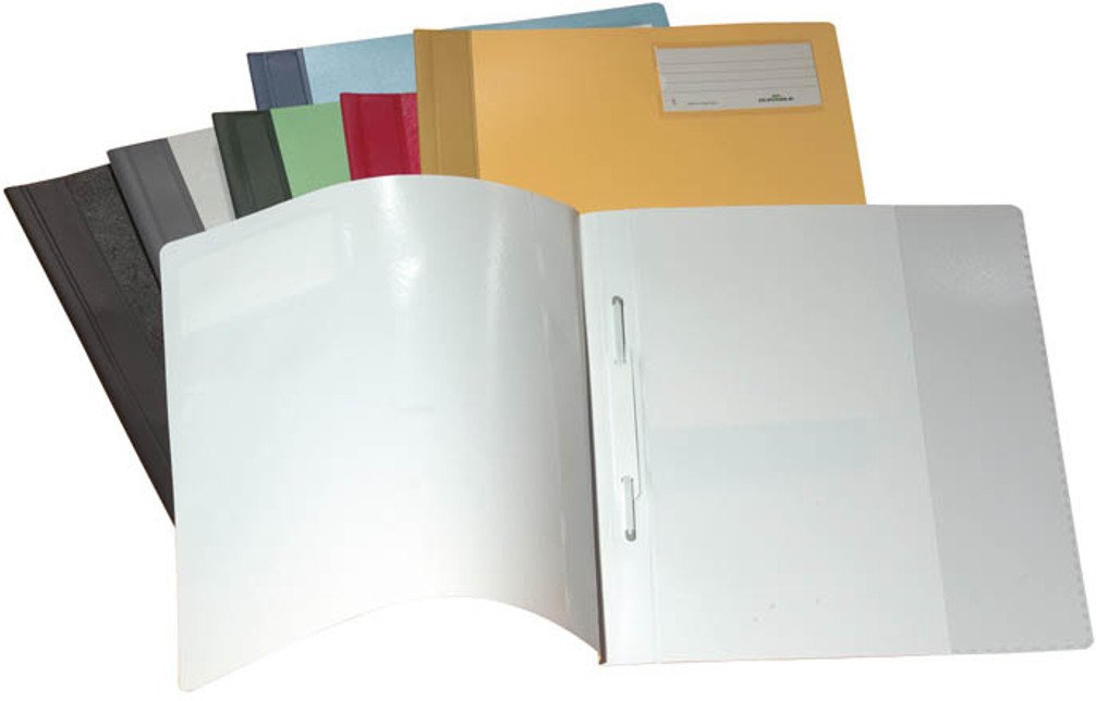 Durable Schnellhefter für A4 Überbreite, rot, 25er Packung, 250003 | Hefter aus Hartfolie, für Prospekthüllen geeignet, mit Beschriftungsfenster, für Schule und Büro, Made in Germany