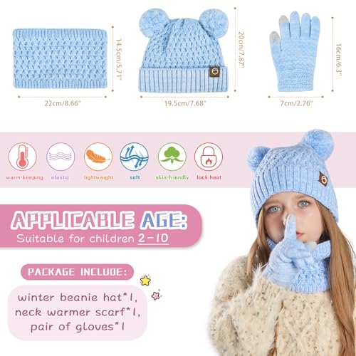 Image of Kids Winter Hat Gloves Scarf Set,Toddler Girls Winter Hat Kids Beanie with Pom Neck Warmer Gaiter Mittens Fleece Lined Set