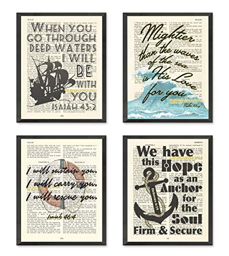 Set of 4-5x7's, Nautical Set Art Prints, Isaiah 43:2, Isaiah 46:4, Hebrews 6:19, Psalm 93:4, Unframed, Vintage Bible Page Verse Set Wall Decor Posters, 5x7 Inches