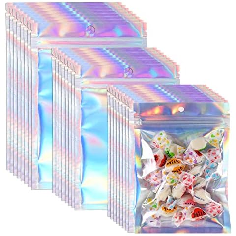 Foil Ziplock Bags , 150 Pcs Holographic Packaging Bags Resealable Smell Proof Bags Zip Lock Bags Mylar Bags Foil Bags for Food Storage Coffee Beans (M) Cover