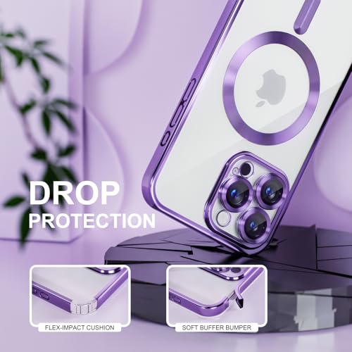 Image of Misea Magnetic for iPhone 16 Pro Case Compatible with MagSafe | [Never Yellowing] [Military Drop Protection] Full Camera Lens Protector Plating Soft Clear Phone Case for Women, Deep Purple