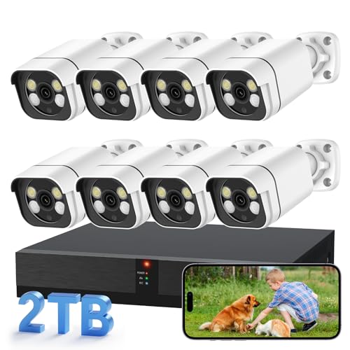 4K Security Camera System, 8pcs 2K PoE Wired Turret Cameras with Human Detection and 2 Way Talk, Color Night Vision, 8MP 4CH NVR with 1TB Hard Drive for 24/7 Local Recording, No Subscription