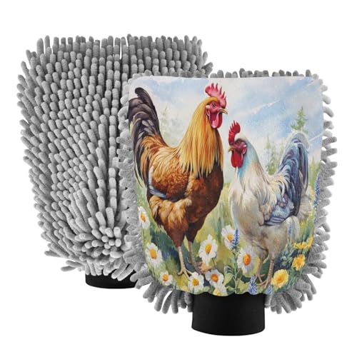 Flradish 2 Pack Country Rooster Car Wash Mitt Chenille Microfiber Lint-Free Scratch Free Ultra-Soft Absorbent Car Wash Mitt 11.8x8.07 Inch