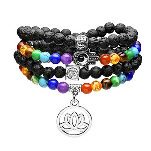 Jovivi 108 Buddha Chakra Armband aus Edelstein 6mm Perlenarmband mit OM Hamsa Hand Lotus Anhänger Wickelarmband Mala Kette (Lavastein)