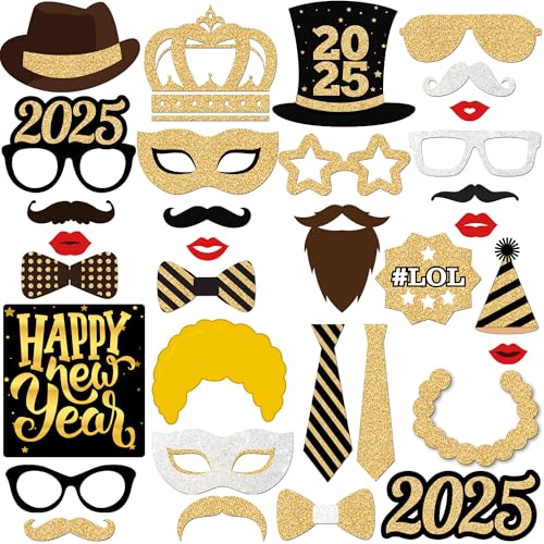 KatchOn New Years Eve Photo Booth Props 2025 - Pack of 33, Glitter NYE Party Supplies | Happy New Year Decorations