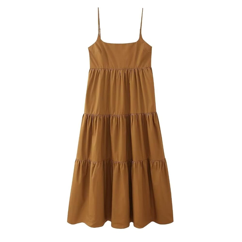 DBFBDTU Women Spaghetti Strap Solid Dress Pleat Ruffles