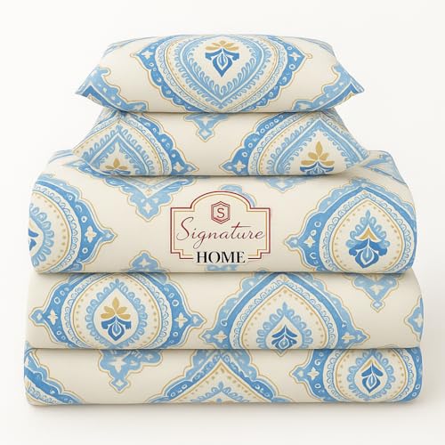 Image of Signature Reversible Super Soft Double Bed Comforter /Quilt Set 350 GSM - 88x90 inches | King Size Fitted Elastic Bed Sheet with 2 Pillow Covers | All-Season Ultra Cozy Bedding Set (Azure Royal)