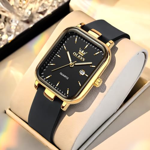 Image of OLEVS Gold Watches for Women Original Luxury Small Square Diamond Wrist Watch Analog Quartz Stainless Steel Waterproof Stylish Ladies Watch Date