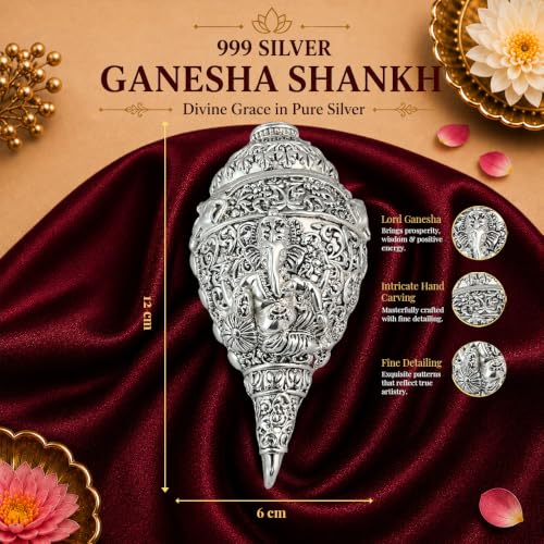 Image of DIVINITI Sacred Ganesha Shankh Idol for Home Temple Decor|999 Silver-Plated Antique Finish Decorative Conch Shell with Luxury Gift Box|Premium Vastu & Housewarming Gift (12 x 6 cm)