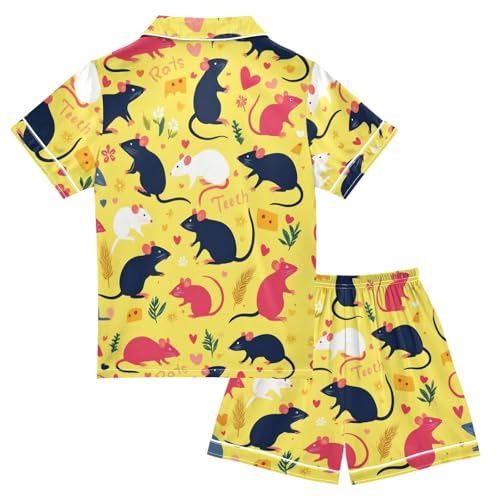 Satin Pajama Sets Short Sleeve Rats Teeth Hearts Flowers Button Down Silky Nightwear 2 Piece PJS 5-14Y2