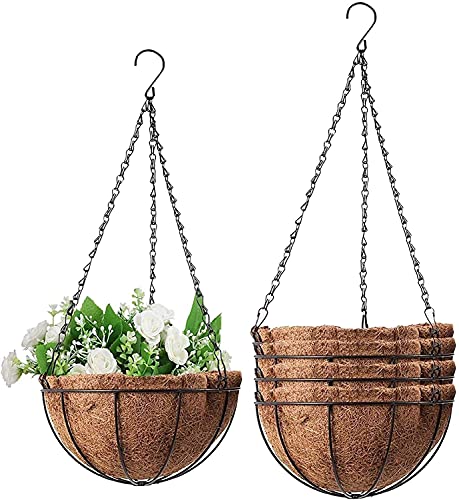 Fun Lites 5PCS Metal Hanging Planter Basket with Coco Coir Liner 30 CM Round Wire Plant Holder Porch Decor Flower Pots Hanger Garden Decoration Watering Hanging Baskets for Indoor Outdoor