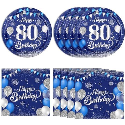 40PCS 80th Birthday Decorations for Men Women Navy Blue Silver theme Party Supplies Included Plates and Napkins for 80th Birthday Anniversary Decor