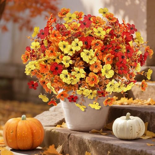 ROLLWAY 9 Bündel Herbstblumen Künstlich Kunstblumen Herbst für Draußen, Seidenblumen Künstliche Blumen Herbst Deko Herbststrauß Herbstzweige Balkonpflanzen Herbstpflanzen Herbstdeko Blumen Orange