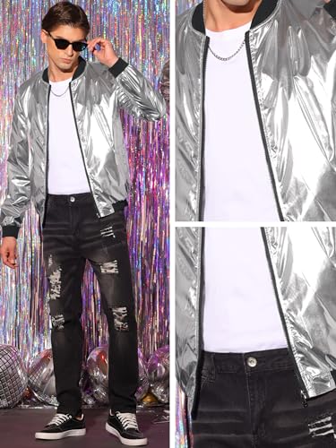 Lars Amadeus Holographic Baseball Jacket for Men's Zipper Disco Bomber Metallic Jacket4