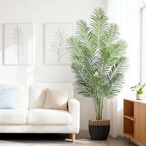 Image of 7ft Artificial Palm Tree - 210cm Tall Fake Areca Palm Plant with 18 Leaves and Realistic Bark Design - Faux Tropical Plants with Pot Perfect for Indoor Home, Living Room, or Bedroom Decor