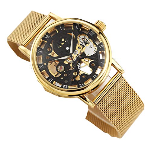 Herren Hohl Skelett Carving Mechanische Hand Wind-Armbanduhr mit Mesh Band (ORO Nero)