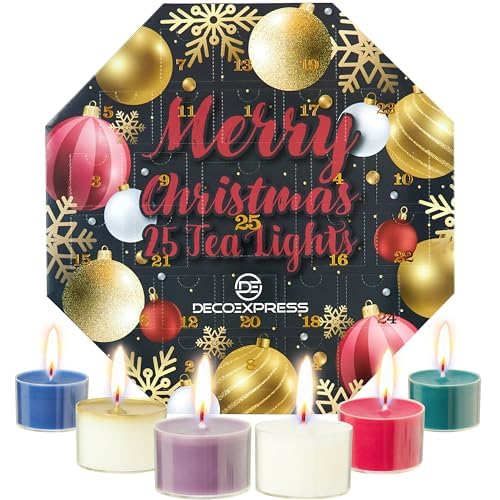 Deco Express Calendario Adviento Velas con 24 Velas de Te Perfume Portavelas de Cerámica Decoracion Navidad Hogar Set de Regalo, 6h de Duración (Velas Aromáticas)