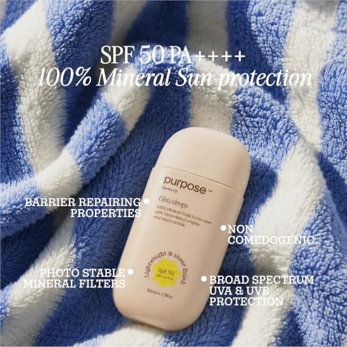 Image of Purpose Beauty Glow Drops Mineral Sunscreen SPF 50 PA++++ | Lightweight Fluid Sunscreen with Niacinamide & Ceramide Complex | No White Cast | Broad Spectrum Protection | Safe for Sensitive Skin & All Skin Types | 50ml
