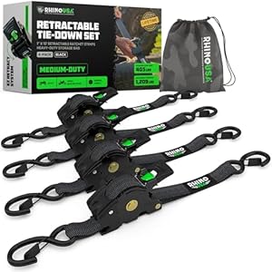 Rhino USA Retractable Ratchet Straps (4-Pack) – 1 Inch x 10 Feet (1,209lb Break Strength) – Auto Self Retracting Tie Down Straps for Truck, Cargo Trailer, Motorcycle, ATV, UTV – Black
